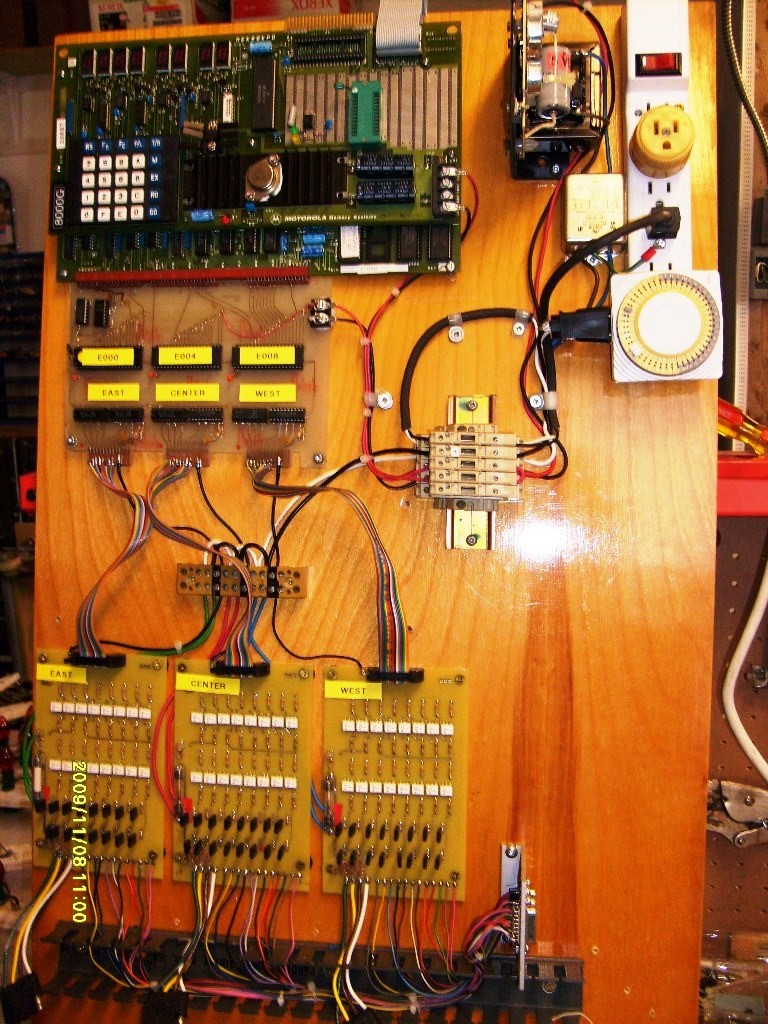Electronics for snowflakes (110V),  6809 computer at top, 3 triac boards at bottom.